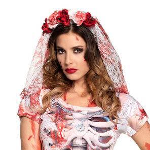 Halloween accessoires - Lier - haaraccessoire - rode roos - witte roos - bloem - sluier - bruid - married - huwelijk - horror
