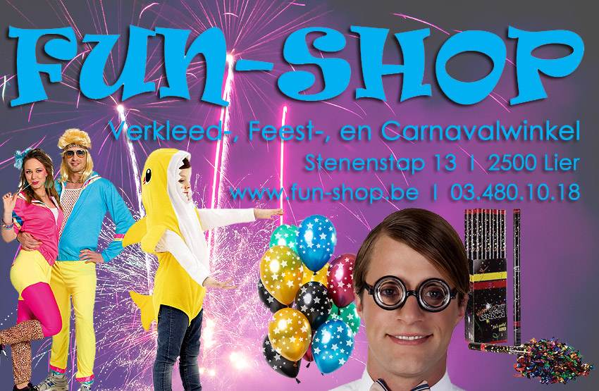 Fun-Shop - Lier - Carnaval - verkleedkledij - vuurwerk - ballonnen - verjaardagsfeestje - gekke brillen - fluo dag - Halloween